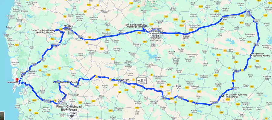 Route Map of 5 Jyotirlinga pilgrimage tour in Maharashtra